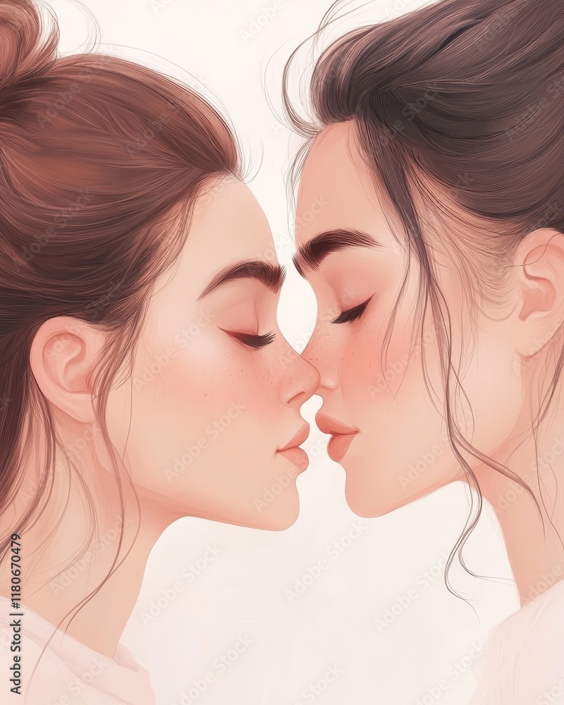 Two women kissing each other's lips in a painting Two women kissing each other's lips in a painting
