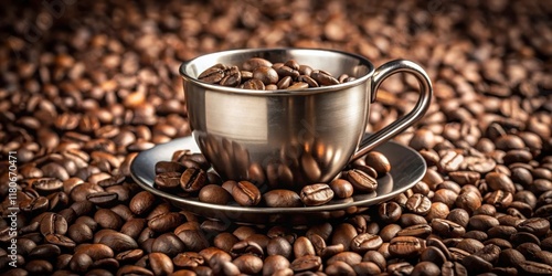 A metallic cup brimming with roasted coffee beans rests on a matching saucer, nestled amidst a sea of similar beans. photo