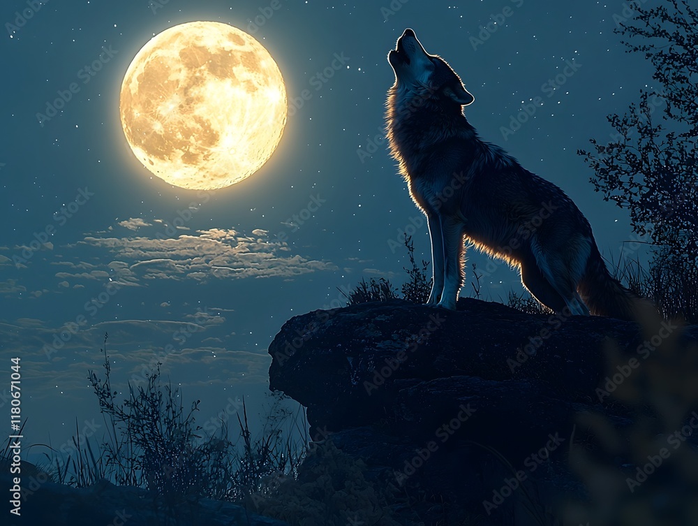 Majestic Wolf Howling at the Full Moon on a Rocky Ledge in the Wilderness Majestic Wolf Howling at the Full Moon on a Rocky Ledge in the Wilderness
