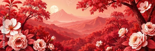 Intricate red floral toile, vintage French scenic design , french, surface