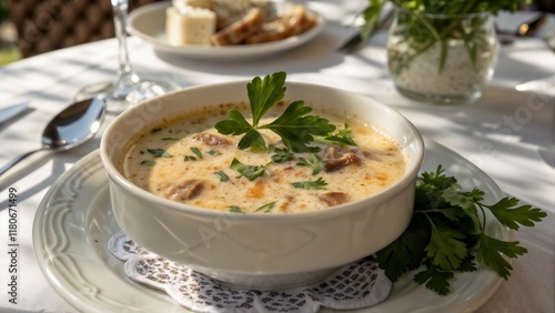 Ciorbă de burtă served in white bowl with parsley on the table for authentic Romanian dining experience photo