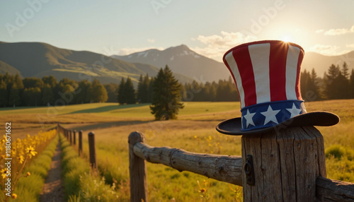 Uncle Sam hat on wooden fence post with mountains and sunset in picturesque American landscape
