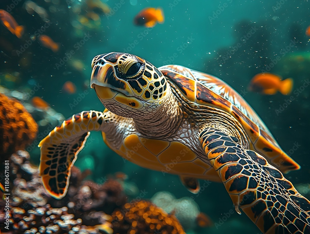 Obraz premium Serene Sea Turtle Gliding Through Vibrant Coral Reef Surrounded by Colorful Schools of Fish