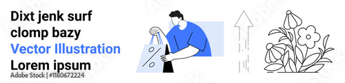 Man ironing a shirt, paired with blooming flowers and an upward arrow. Ideal for productivity, growth, domestic chores, efficiency, personal care, development and lifestyle enhancement. Landing page