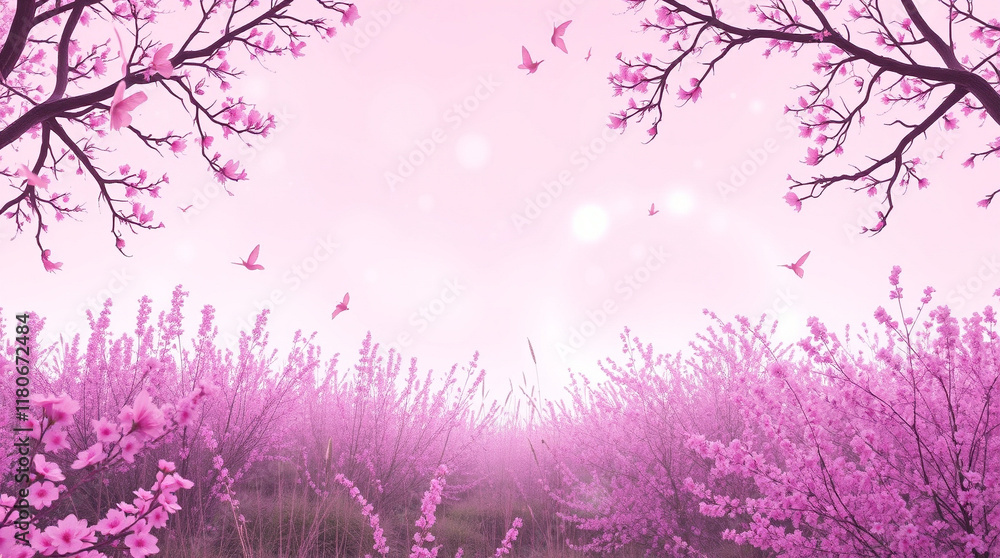 custom made wallpaper toronto digitalPink blossoms and butterflies in a dreamy, ethereal landscape.  Perfect for spring themes, serenity, and beauty.