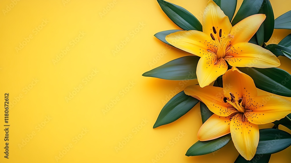 Obraz premium Two Yellow Lilies with Green Leaves on Yellow Background