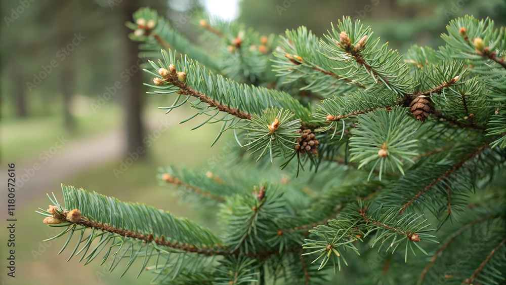 Close-up of spruce branches with cones in a natural forest environment Close-up of spruce branches with cones in a natural forest environment