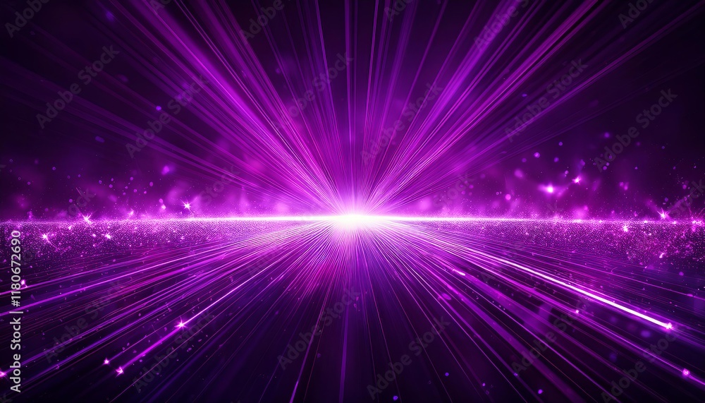 Obraz premium Bright purple light effect with rays and highlights, glow particle, black background