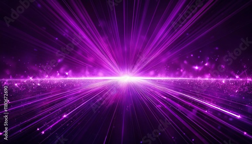 Bright purple light effect with rays and highlights, glow particle, black background
