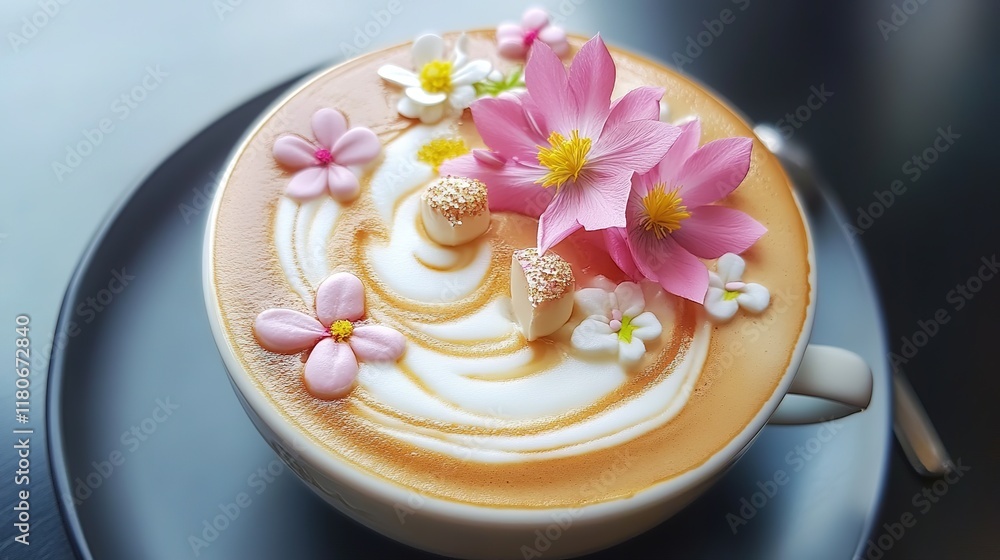 Exquisite Latte Art Coffee with a Cake and Delicate Flowers. Aesthetic and Appetizing Breakfast or Coffee Break Scene. Exquisite Latte Art Coffee with a Cake and Delicate Flowers. Aesthetic and Appetizing Breakfast or Coffee Break Scene.