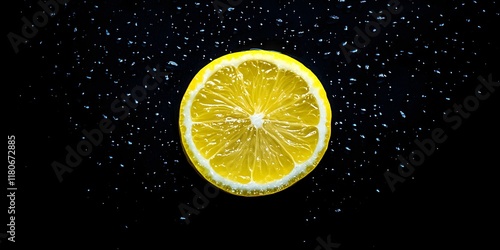 Close up view of a fresh juicy lemon slice with sparkling water droplets against a dark minimalist background  This image showcases the vibrant yellow color detailed texture photo