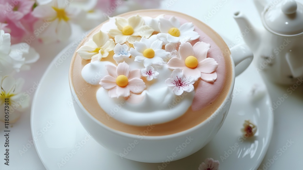 Exquisite Latte Art Coffee with a Cake and Delicate Flowers. Aesthetic and Appetizing Breakfast or Coffee Break Scene. Exquisite Latte Art Coffee with a Cake and Delicate Flowers. Aesthetic and Appetizing Breakfast or Coffee Break Scene.