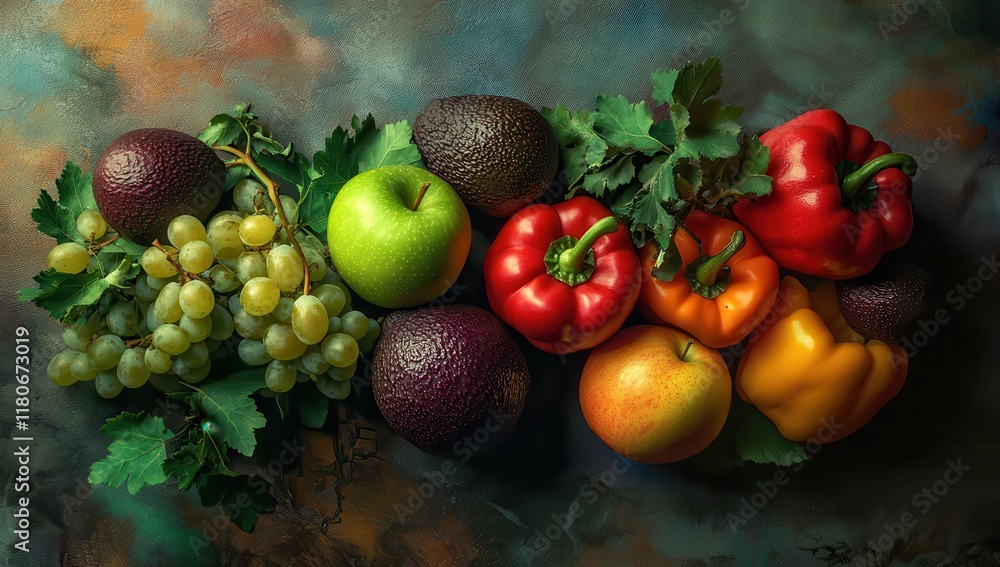 Vibrant Arrangement of Fresh Fruits and Vegetables Including Avocados, Grapes, Apples, Bell Peppers, and Fresh Green Leaves on Colorful Background Vibrant Arrangement of Fresh Fruits and Vegetables Including Avocados, Grapes, Apples, Bell Peppers, and Fresh Green Leaves on Colorful Background
