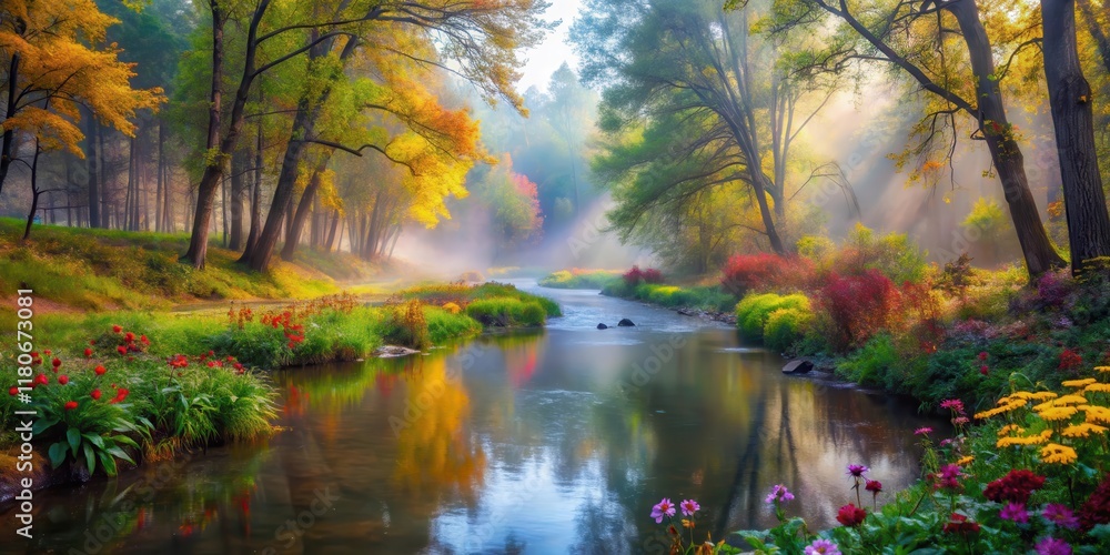 Serene Autumnal River Scene Misty Morning Light Illuminates Colorful Foliage and Vibrant Flowers Along a Tranquil Waterway Serene Autumnal River Scene Misty Morning Light Illuminates Colorful Foliage and Vibrant Flowers Along a Tranquil Waterway