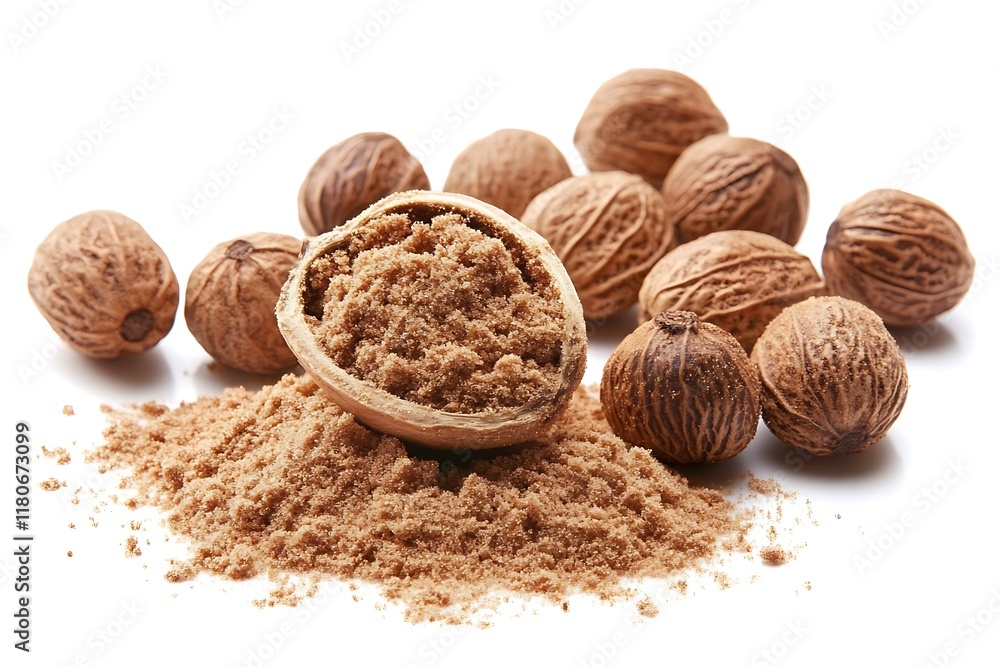 Creamy soft nutmeg powder sprinkled on a plain white background Creamy soft nutmeg powder sprinkled on a plain white background