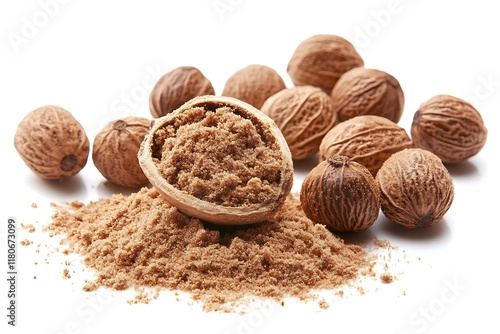 Creamy soft nutmeg powder sprinkled on a plain white background