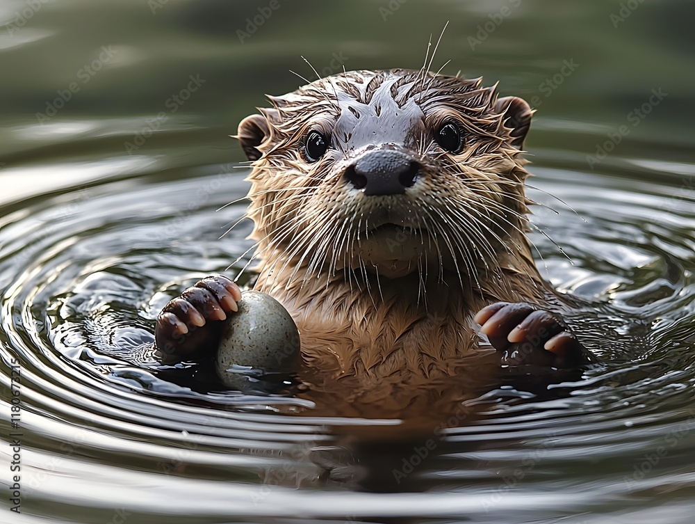 Playful Otter Floating on Back Holding Stone in Serene River with Gentle Ripples Playful Otter Floating on Back Holding Stone in Serene River with Gentle Ripples