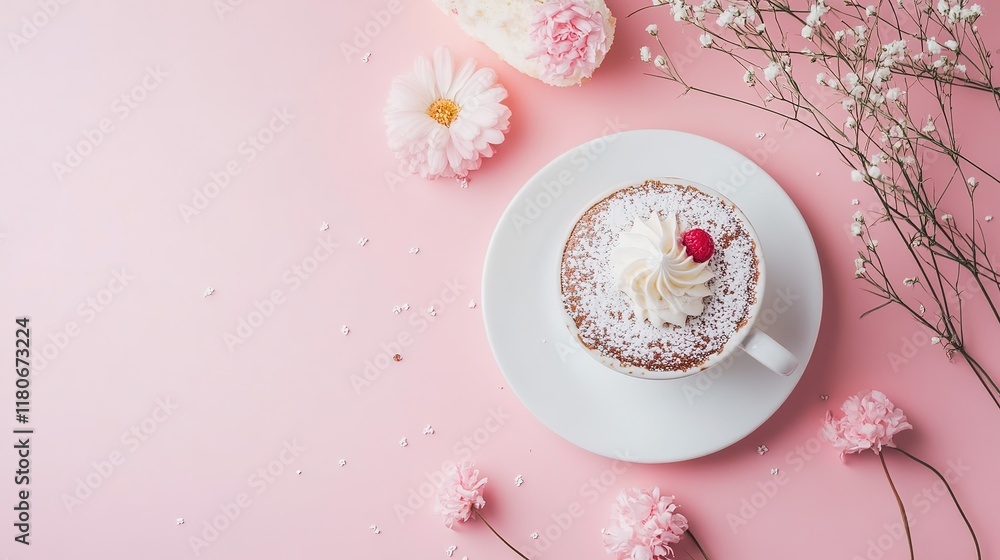 Exquisite Latte Art Coffee with a Cake and Delicate Flowers. Aesthetic and Appetizing Breakfast or Coffee Break Scene. Exquisite Latte Art Coffee with a Cake and Delicate Flowers. Aesthetic and Appetizing Breakfast or Coffee Break Scene.