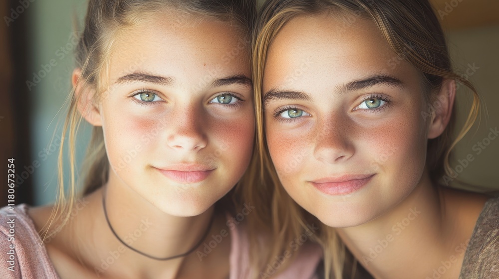 Two young girls with green eyes and red hair are smiling at the camera Two young girls with green eyes and red hair are smiling at the camera