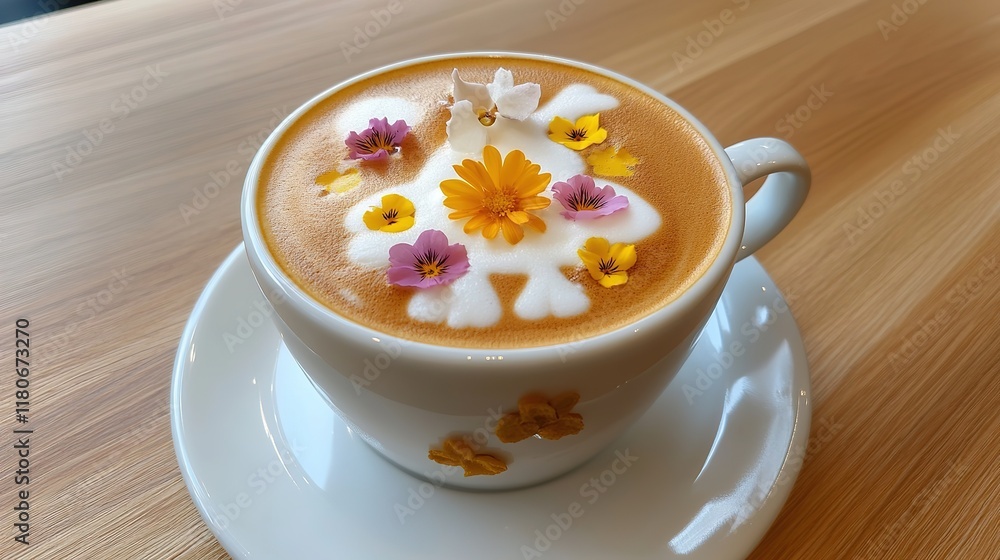 Exquisite Latte Art Coffee with a Cake and Delicate Flowers. Aesthetic and Appetizing Breakfast or Coffee Break Scene. Exquisite Latte Art Coffee with a Cake and Delicate Flowers. Aesthetic and Appetizing Breakfast or Coffee Break Scene.