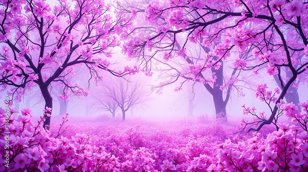 Misty pink blossoms in a magical forest. A serene and enchanting scene perfect for dreamy backgrounds and peaceful settings. Misty pink blossoms in a magical forest. A serene and enchanting scene perfect for dreamy backgrounds and peaceful settings.