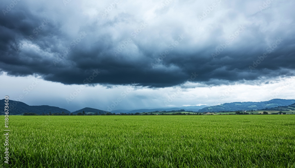 A vast green field under a dramatic sky filled with dark clouds, suggesting an impending storm. A vast green field under a dramatic sky filled with dark clouds, suggesting an impending storm.