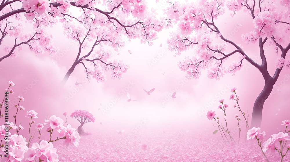 Pink blossoms and birds in a dreamy, misty landscape. Serene and peaceful atmosphere, perfect for spring themes. Pink blossoms and birds in a dreamy, misty landscape. Serene and peaceful atmosphere, perfect for spring themes.
