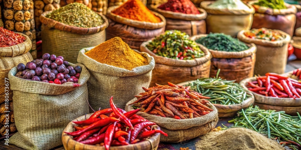 Fototapeta premium Aromatic Spice Market Display Colorful Assortment of Herbs and Spices in Rustic Burlap Sacks and Baskets