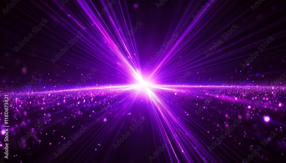 Naklejka premium Bright purple light effect with rays and highlights, glow particle, black background