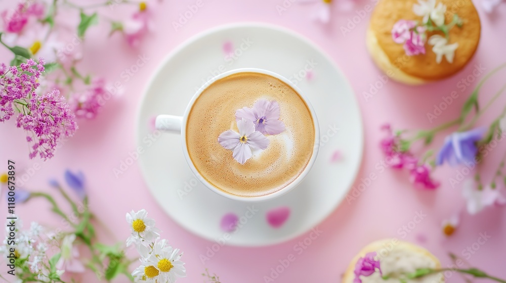 Exquisite Latte Art Coffee with a Cake and Delicate Flowers. Aesthetic and Appetizing Breakfast or Coffee Break Scene. Exquisite Latte Art Coffee with a Cake and Delicate Flowers. Aesthetic and Appetizing Breakfast or Coffee Break Scene.