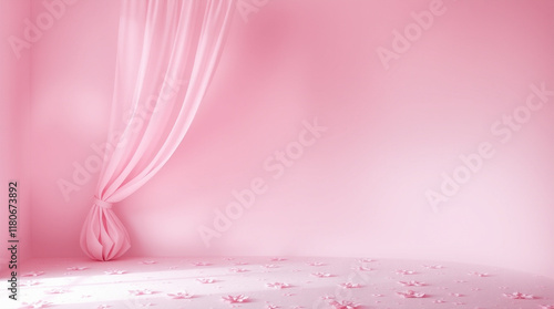 Pink room with sheer curtain and scattered flower petals. Soft, romantic, and dreamy aesthetic. Perfect background for product photography or design inspiration.