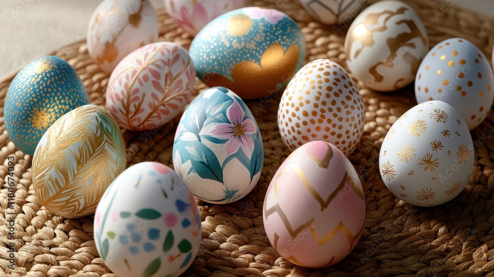 A close-up of intricately painted Easter eggs arranged on a woven mat A close-up of intricately painted Easter eggs arranged on a woven mat