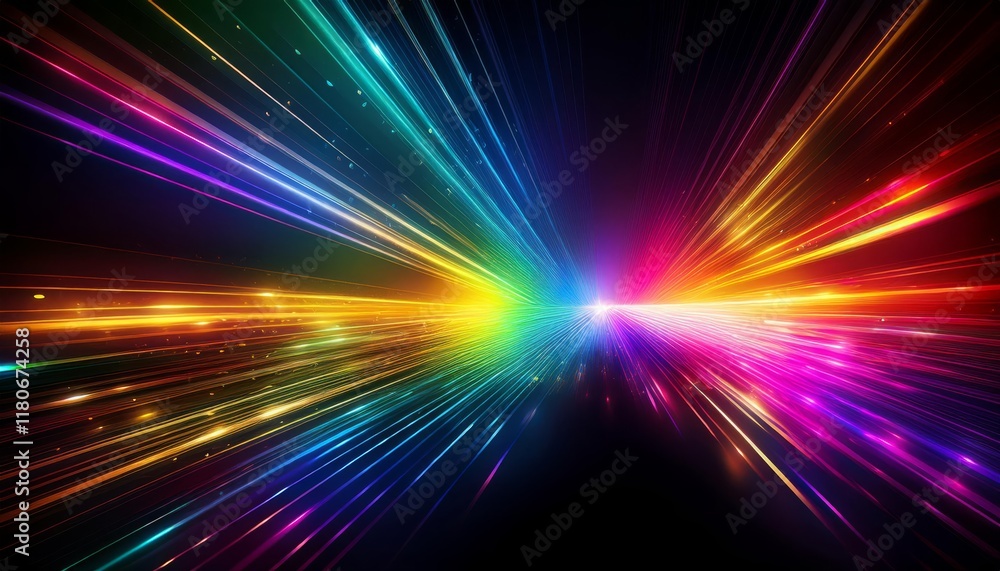 Fototapeta premium Bright rainbow light effect with rays and highlights, glow particle, black background
