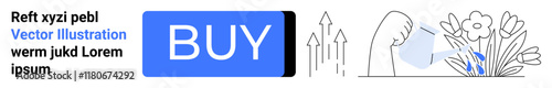 Blue BUY button, hand watering flowers, abstract growth arrows, and sample text. Ideal for e-commerce, gardening sites, online shops, call-to-action buttons, digital marketing, user interface design