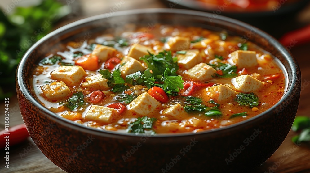Spicy tofu soup; steaming hot, delicious. Spicy tofu soup; steaming hot, delicious.