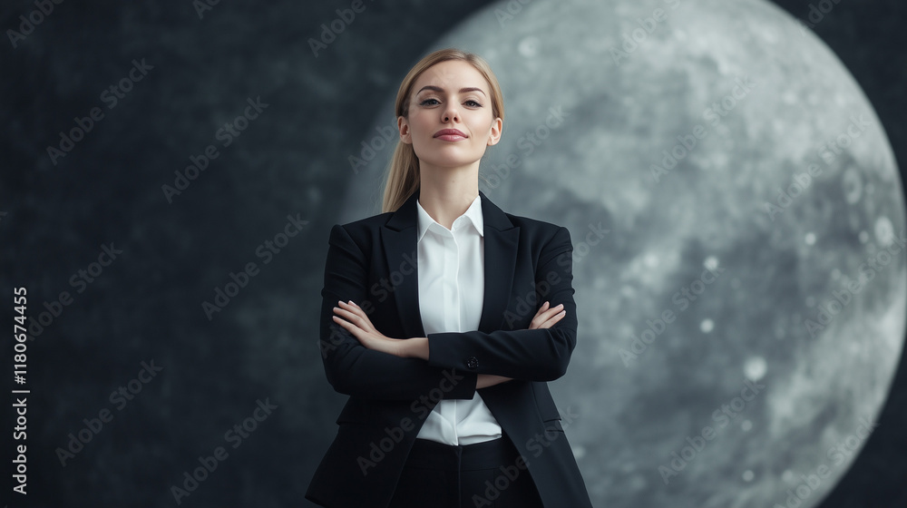 Confident Businesswoman Against the Moon: Portrait of a determined businesswoman with arms crossed, standing confidently against a backdrop of a large moon. This image exudes ambition, strength. Confident Businesswoman Against the Moon: Portrait of a determined businesswoman with arms crossed, standing confidently against a backdrop of a large moon. This image exudes ambition, strength.