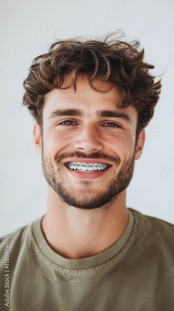 Obraz premium Smiling Young Caucasian Male with Braces in Casual Attire
