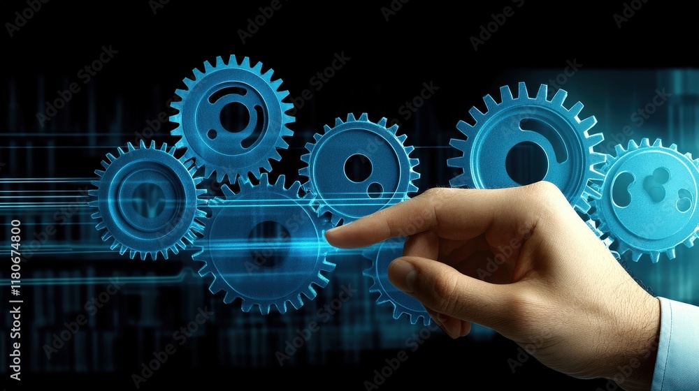 Engaging Hand Touching Blue Gears in a Futuristic Setting Engaging Hand Touching Blue Gears in a Futuristic Setting