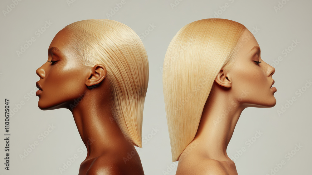 Fototapeta premium Back to Back Portraits of Diverse Females with Sleek Blonde Hair