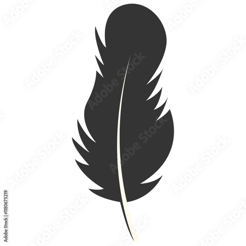 Black Silhouette of Majestic Feather. Isolated on White Background. Vector Illustration