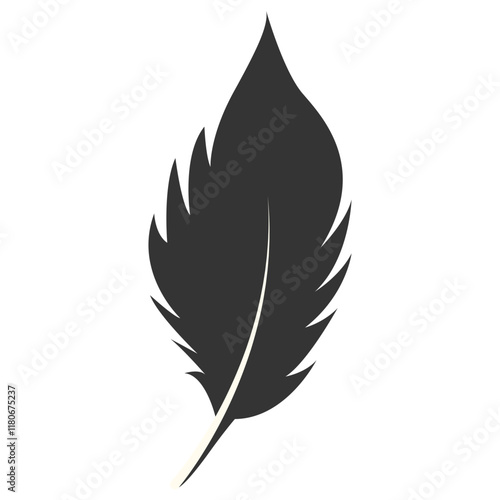 Black Silhouette of Majestic Feather. Isolated on White Background. Vector Illustration