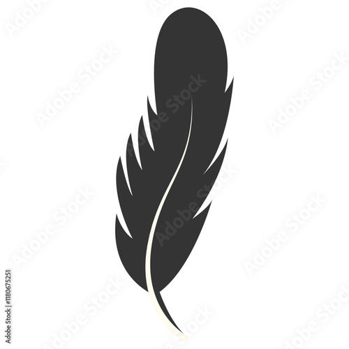 Black Silhouette of Majestic Feather. Isolated on White Background. Vector Illustration