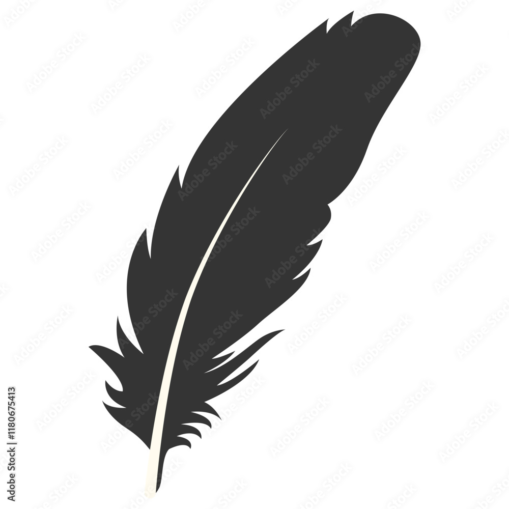 Fototapeta premium Black Silhouette of Majestic Feather. Isolated on White Background. Vector Illustration