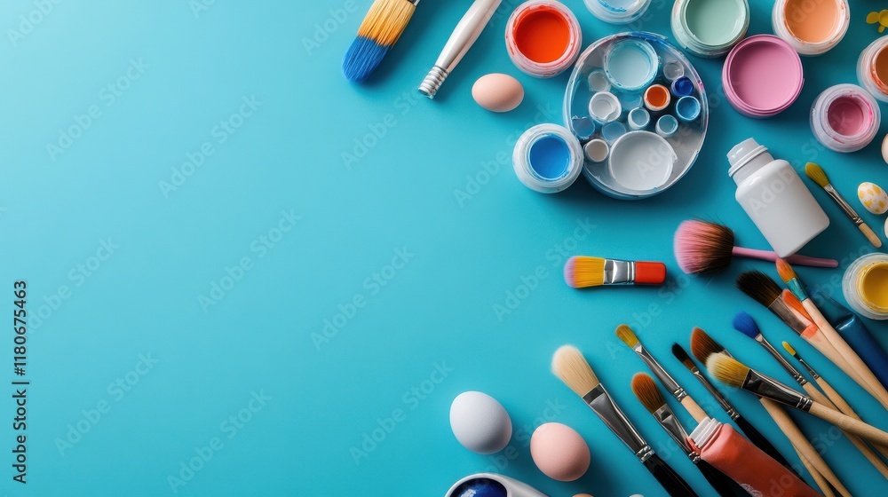 A flat lay of DIY Easter crafting materials including paints, brushes, and glue A flat lay of DIY Easter crafting materials including paints, brushes, and glue
