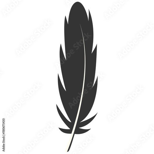 Black Silhouette of Majestic Feather. Isolated on White Background. Vector Illustration