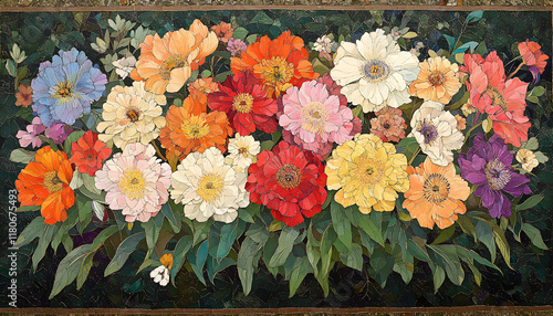 Fototapeta Naklejka Na Ścianę i Meble -  Vibrant mosaic artwork depicting a lush bouquet of colorful peonies and other flowers in full bloom.