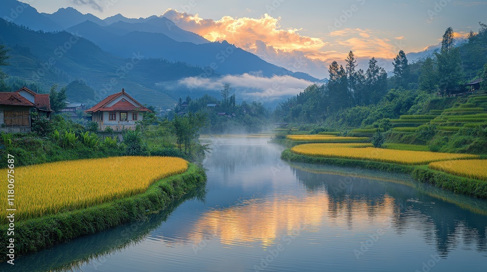 Fototapeta premium Serene sunrise, river reflects golden clouds, rice paddies.