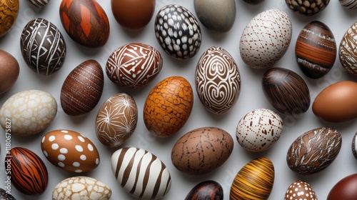 A flat lay of hand-painted wooden Easter eggs with intricate designs