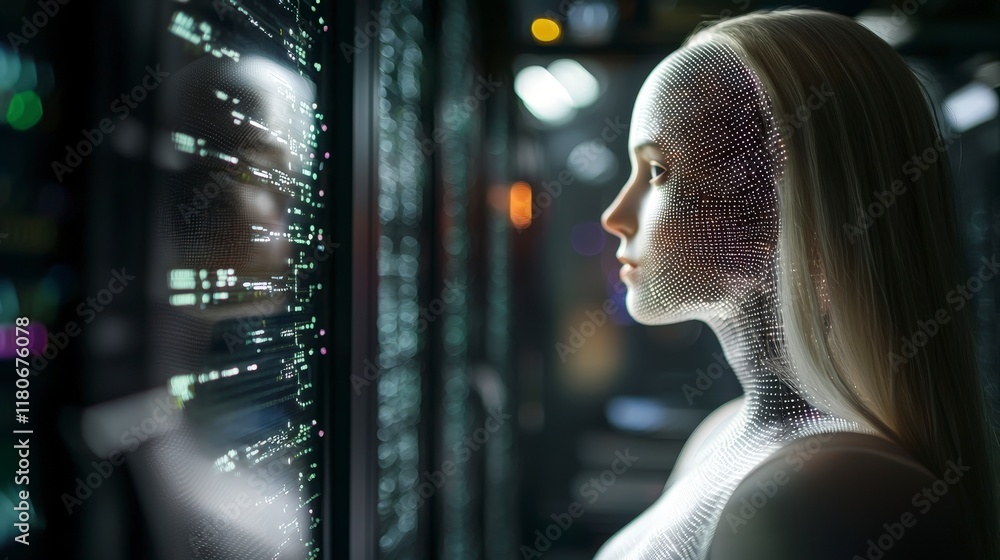Naklejka premium Futuristic Woman AI Digital Data Center Neon Lights Technology Network Server Room