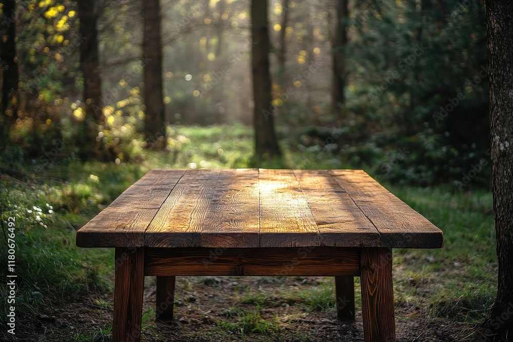Fototapeta premium Rustic wooden table in sunlit forest. Perfect for showcasing products or creating a serene, natural scene.